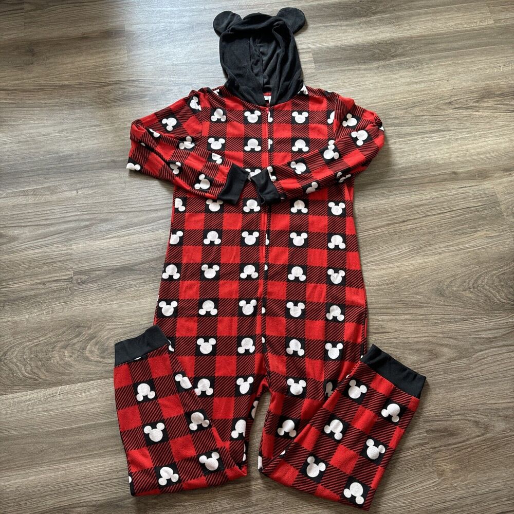 Disney 100 Buffalo Plaid Mickey One Piece Pajamas With Hood Unisex Size Large